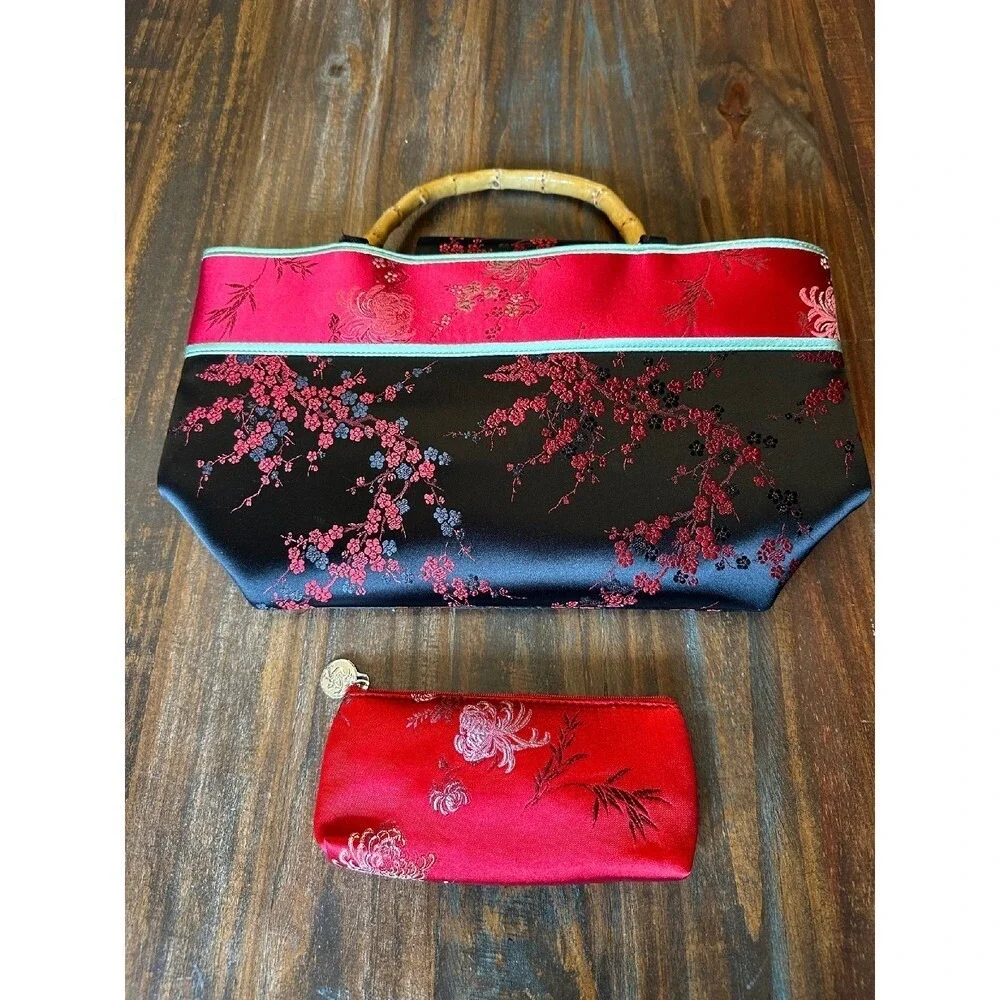 Asian Floral Purse Bamboo Handle Sachtel Red & Black by Yans NY with Accessories